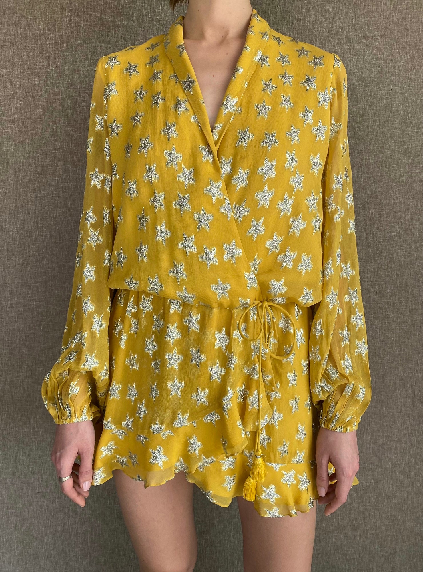 V-Neck Wrap-Style Short Dress | Yellow