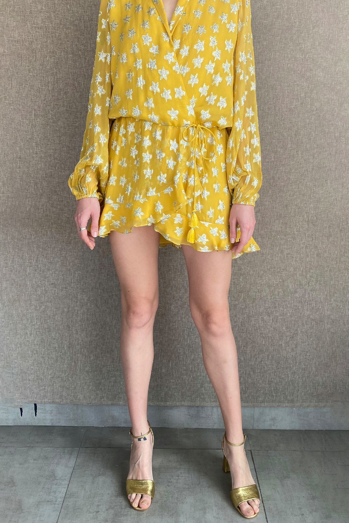 V-Neck Wrap-Style Short Dress | Yellow