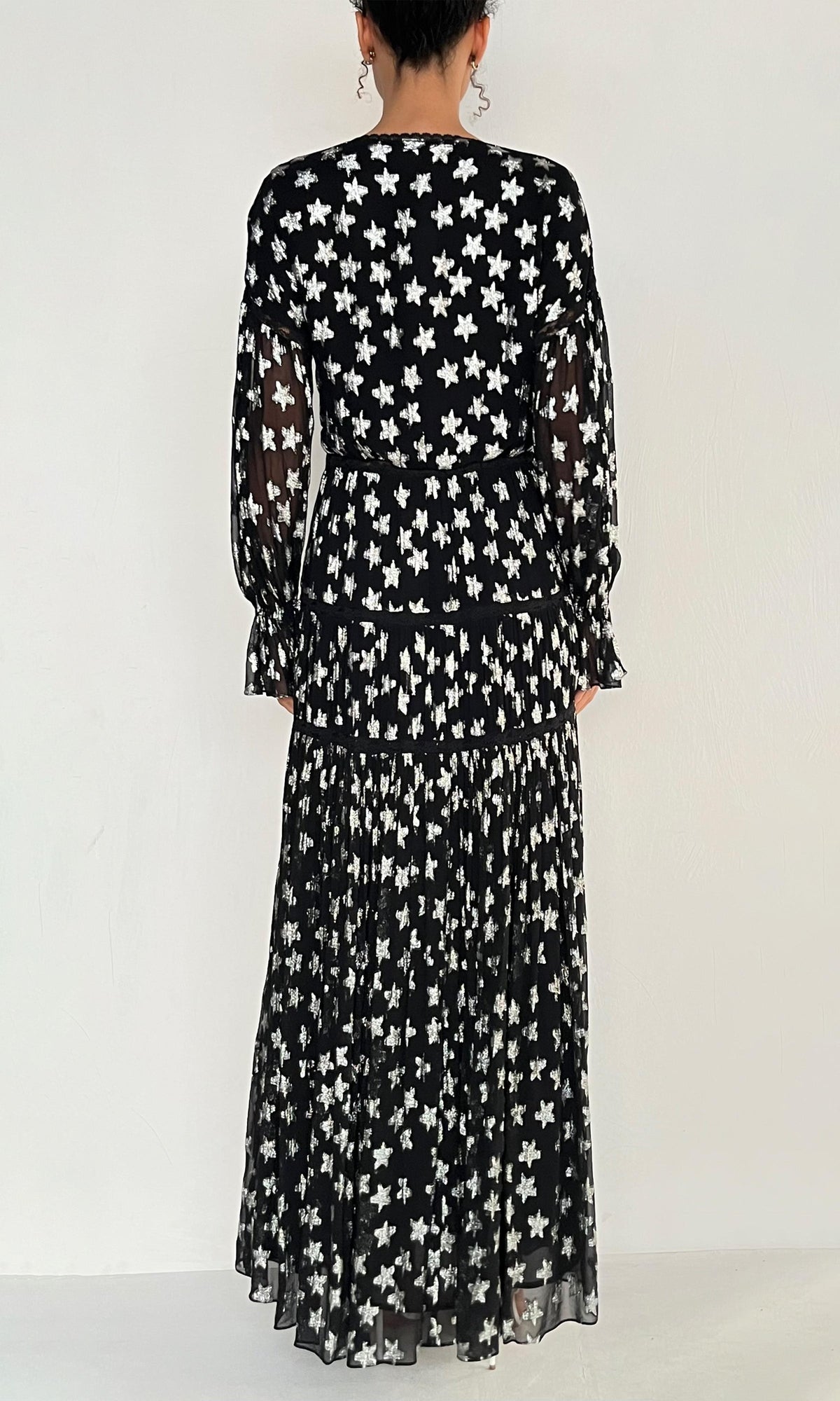 Rococo Sand | Vega Viscose Georgette Star Lurex Long Dress | Black