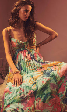 Rococo Sand | Zazu Chiffon Long Dress | Motley Tropical On Mint Green