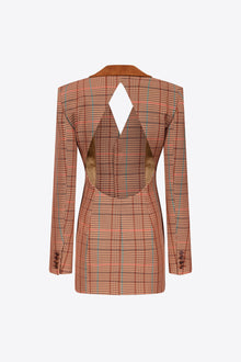 Crystal Button Checked Open Back Blazer Dress | Caramel Multi
