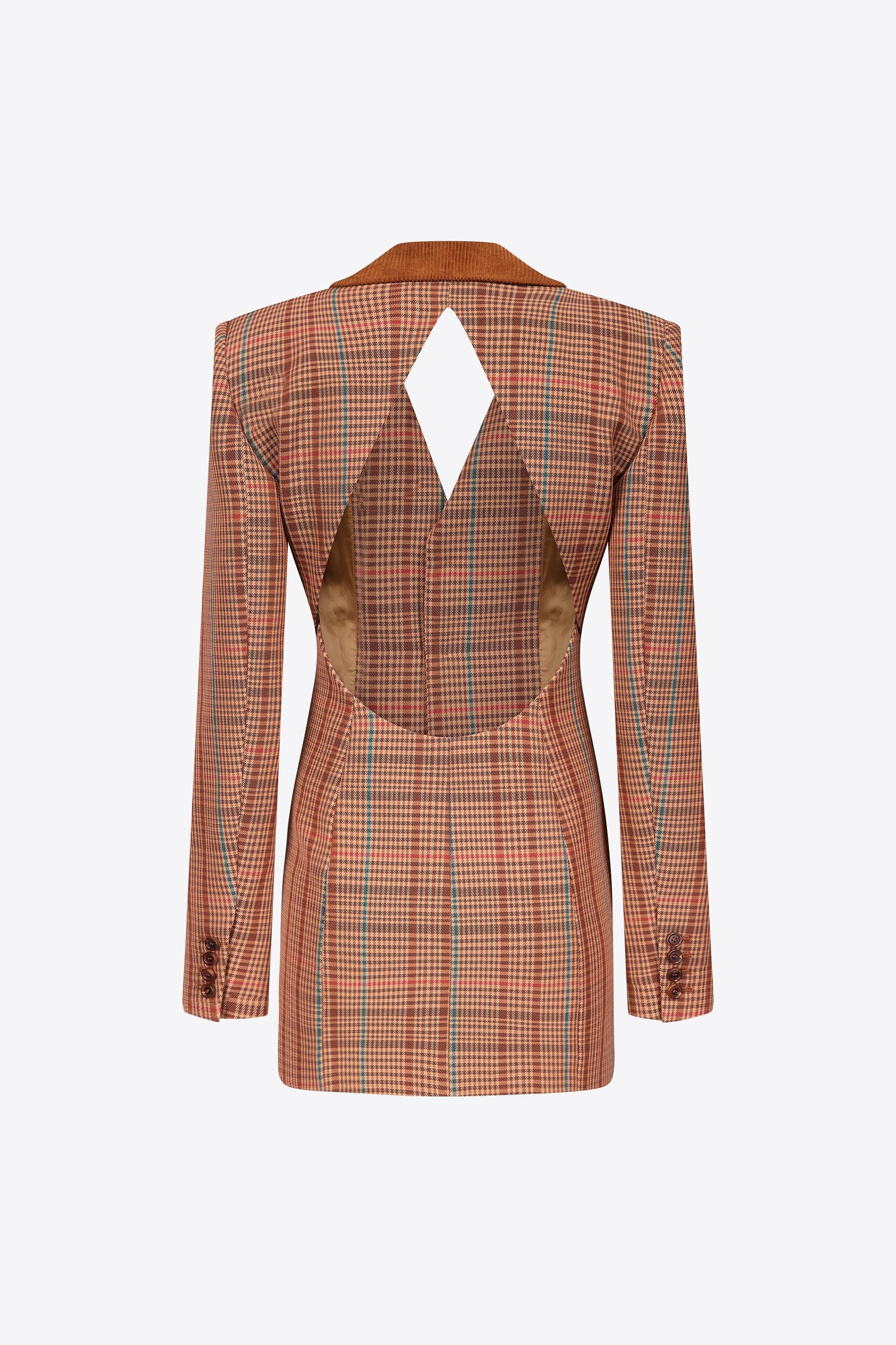Crystal Button Checked Open Back Blazer Dress | Caramel Multi