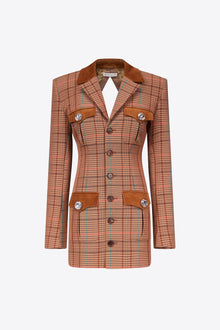 Crystal Button Checked Open Back Blazer Dress | Caramel Multi