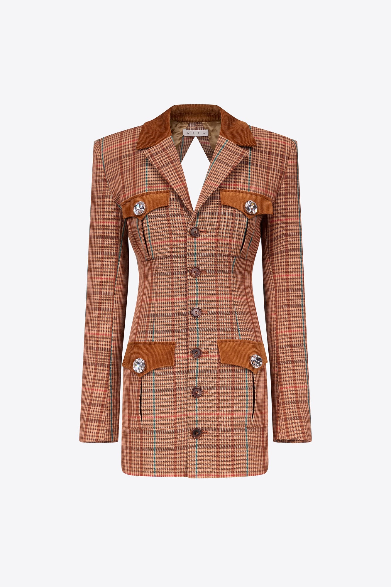Crystal Button Checked Open Back Blazer Dress | Caramel Multi