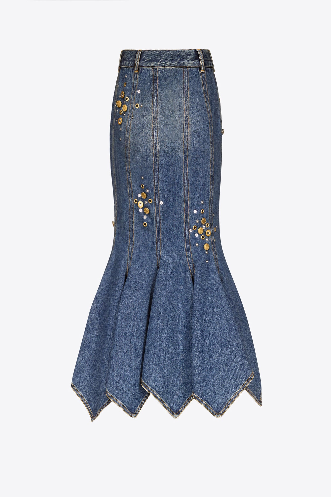 Crystal Button Studded Handkerchief Skirt | Dark Blue