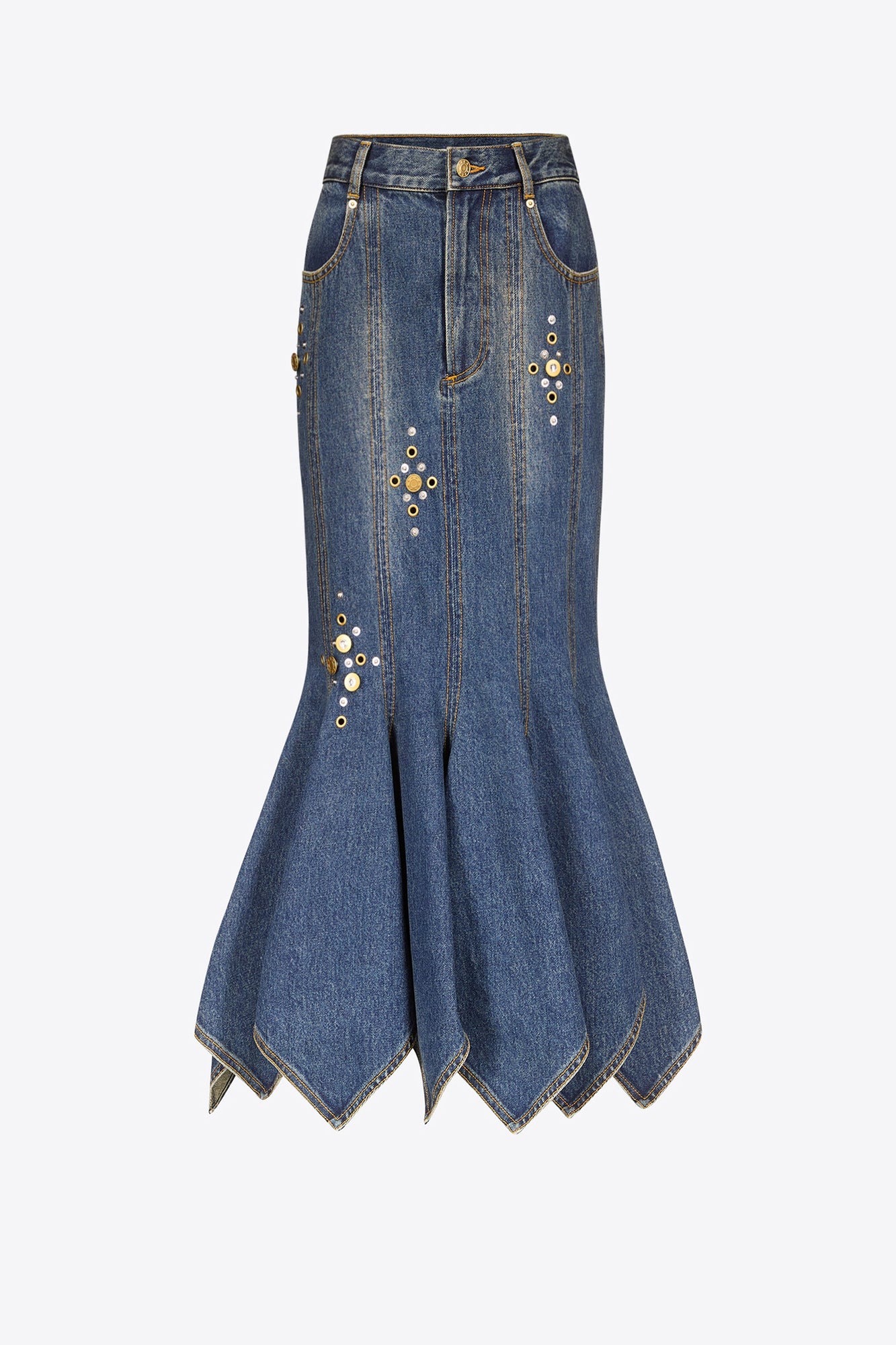 Crystal Button Studded Handkerchief Skirt | Dark Blue