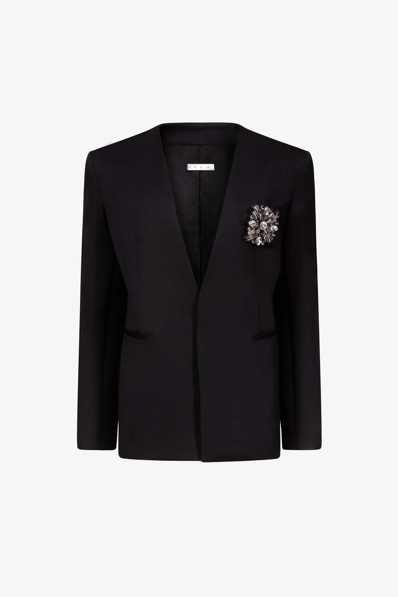 Crystal Brooch Collarless Blazer | Black