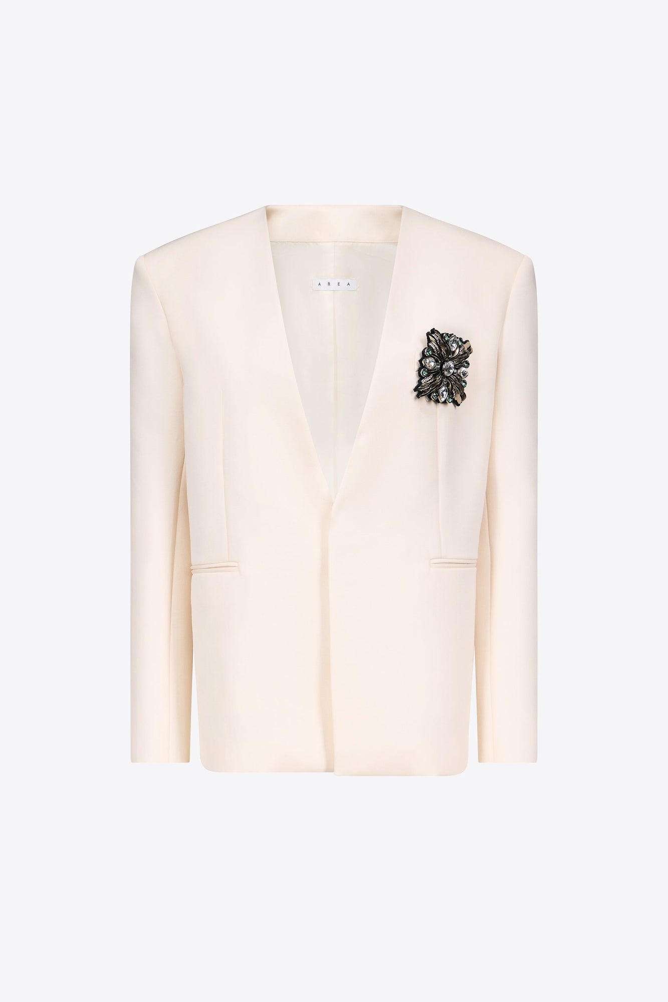 Crystal Brooch Collarless Blazer | Whipped White