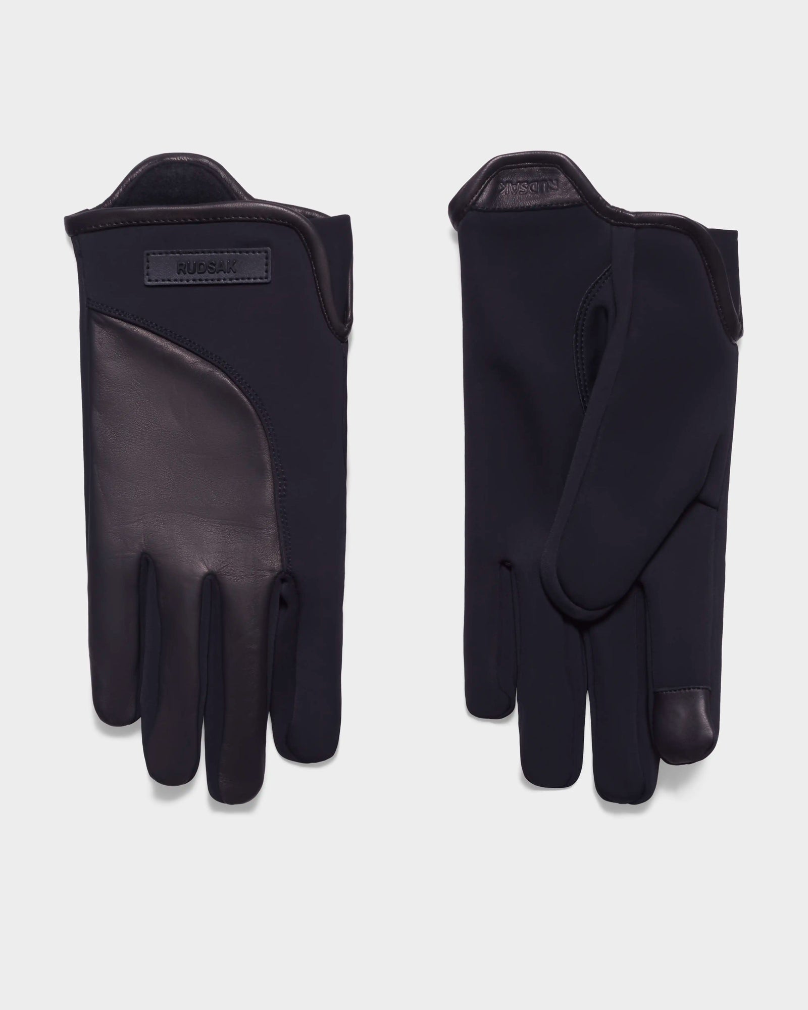 Rudsak’s ERIK - 6423500 Black: men’s smooth-finish leather winter gloves with a leather palm panel and fabric back, shown against a plain white background.