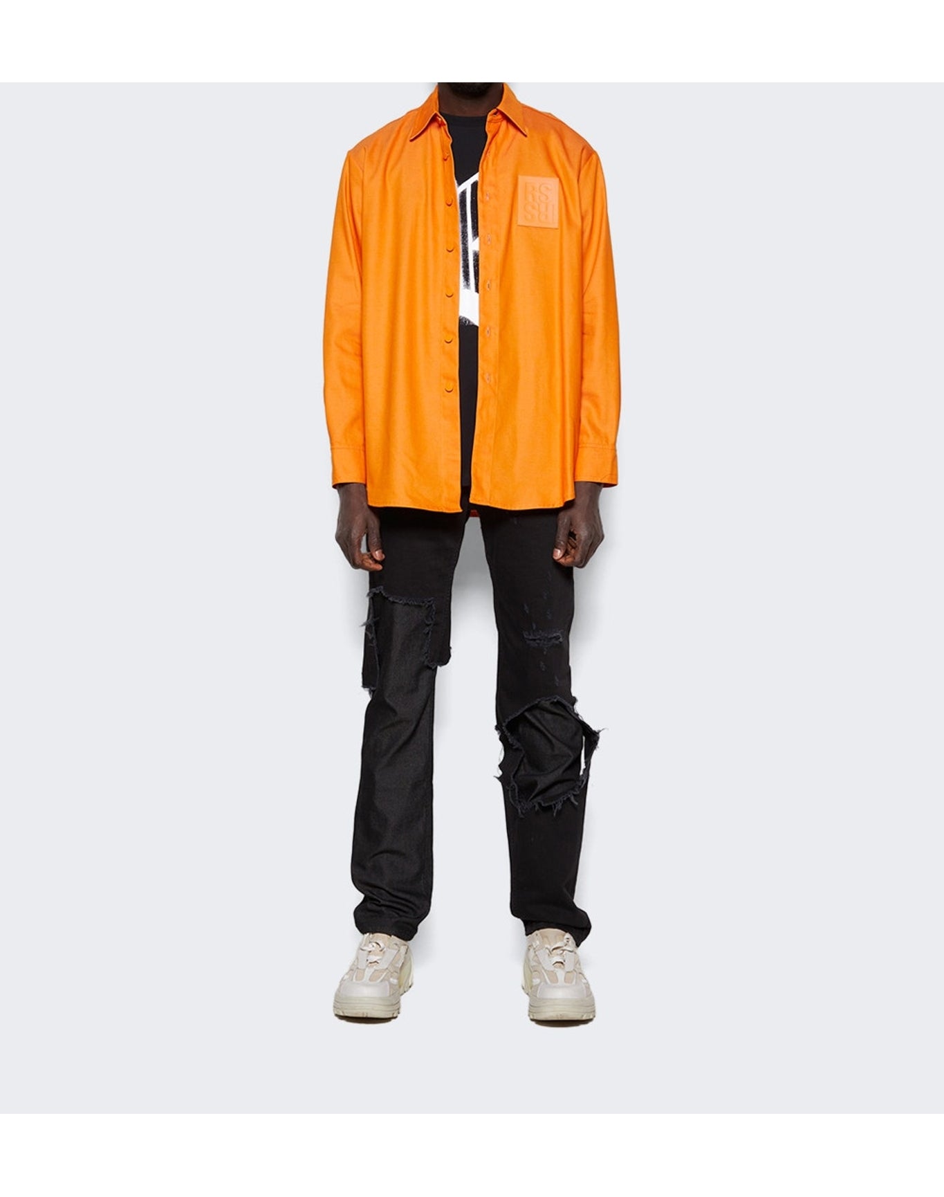 Raf Simons | Men | Leather Patch Slim Fit Denim Shirt | Orange