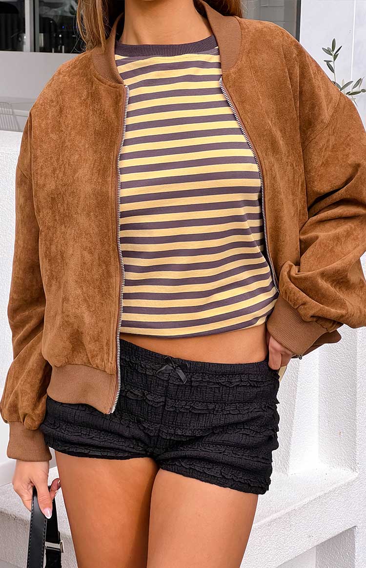 Rebecca Cuffed Suedette Bomber Jacket | Tan