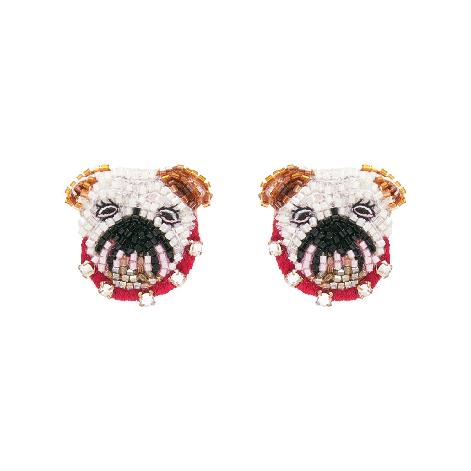 Red, Black, Brown, and White Beaded Bulldog Stud Earrings on Flat White Background