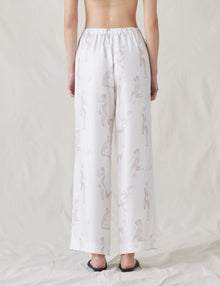 Womens | The Silk Relaxed Pants with Painted Figures | Cream / Sepia