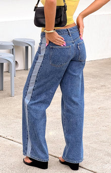 Roonie Contrast Stripe Denim Low Rise Jeans | Mid Wash