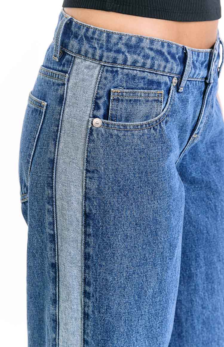 Roonie Contrast Stripe Denim Low Rise Jeans | Mid Wash