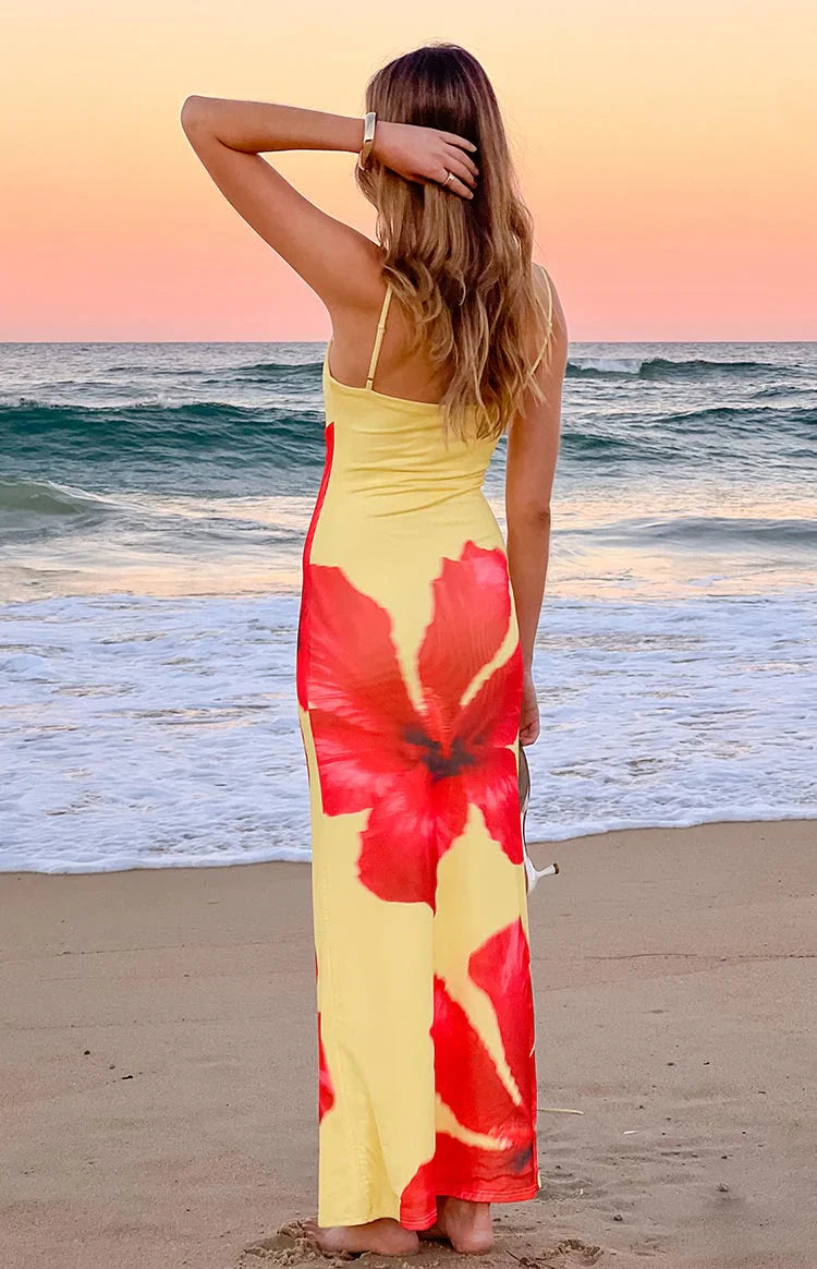 Rosalyn Hibiscus Print Maxi Dress | Yellow