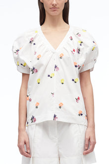 Sequin Embellished Poplin V-Neck Top | White Multi