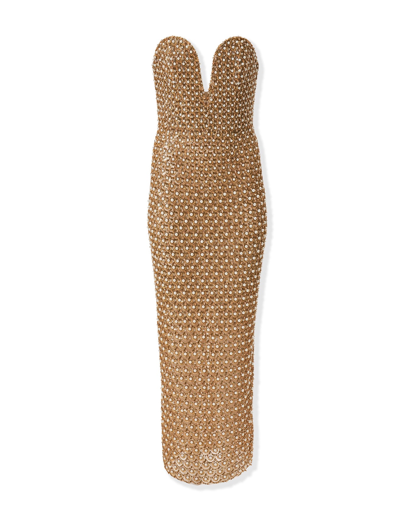 Embroidered Strapless Deep V Column Dress | Gold