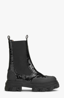 Cleated Mid Chelsea Boot Patent Croco | Black