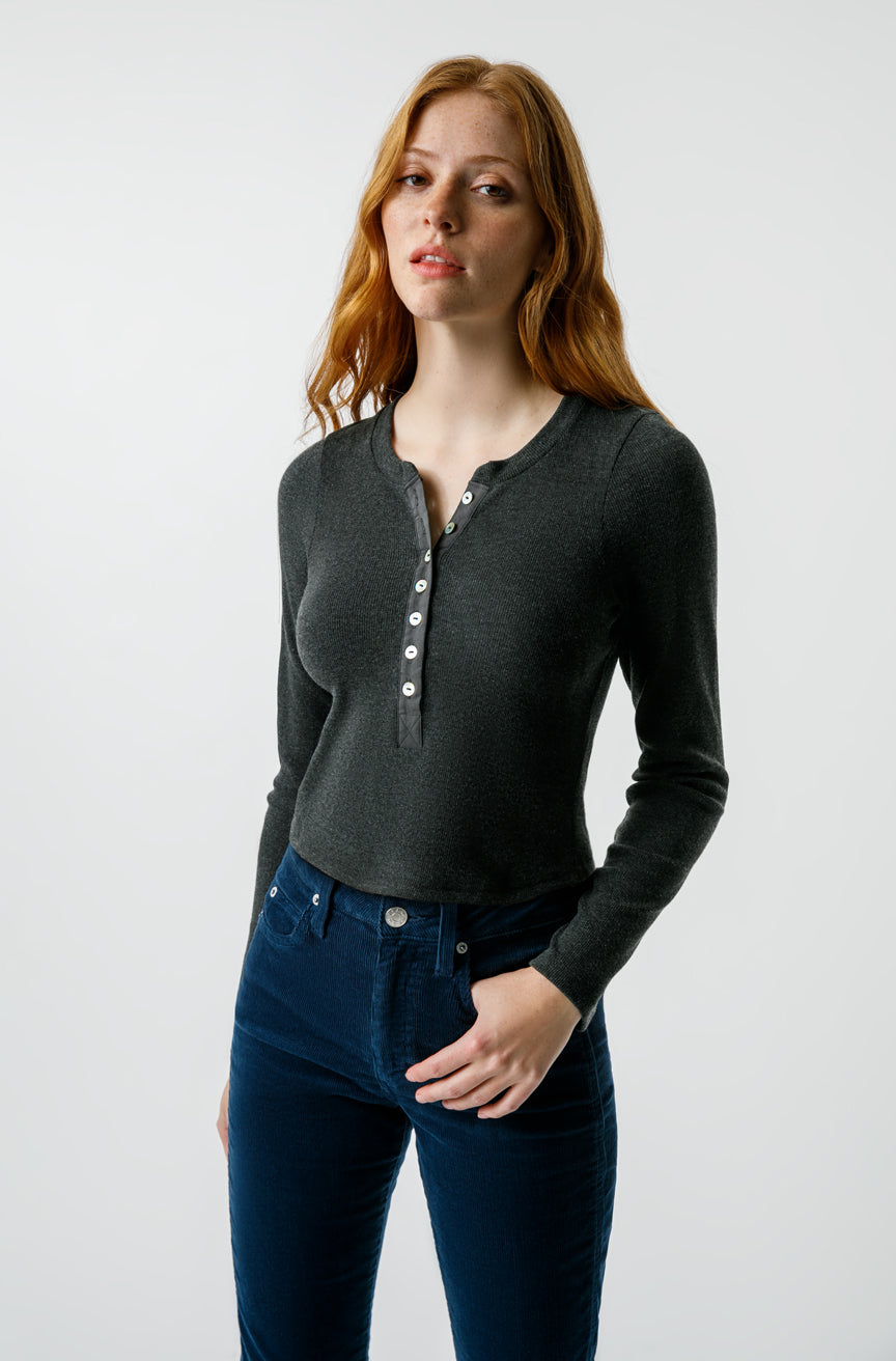 AMO Denim Sassy Rib Henley in Black Heather
