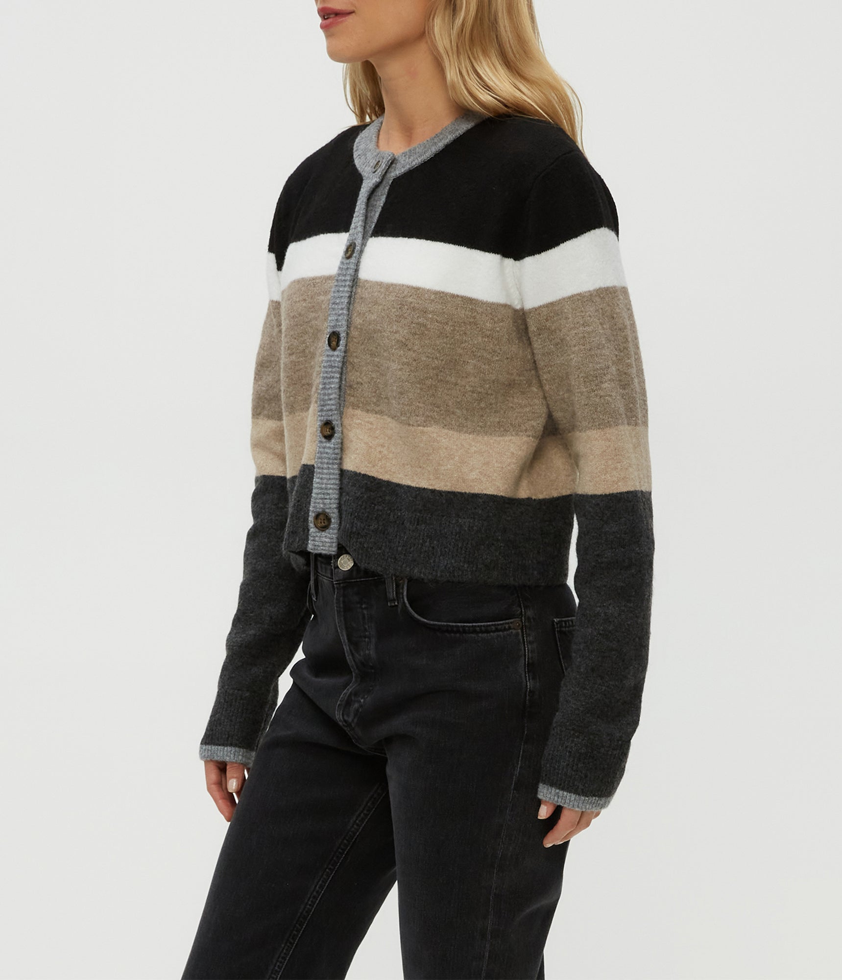 Fiona Stripe Crewneck Cardigan | Neutral Stripe