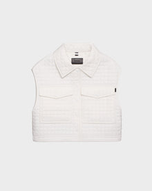 The SOLSA - 8124048 Eggshell by Rudsak is a womens sleeveless, white cropped quilted vest with eco-friendly Sorona fill, collar, two front flap pockets, and snap buttons, shown against a plain white background.