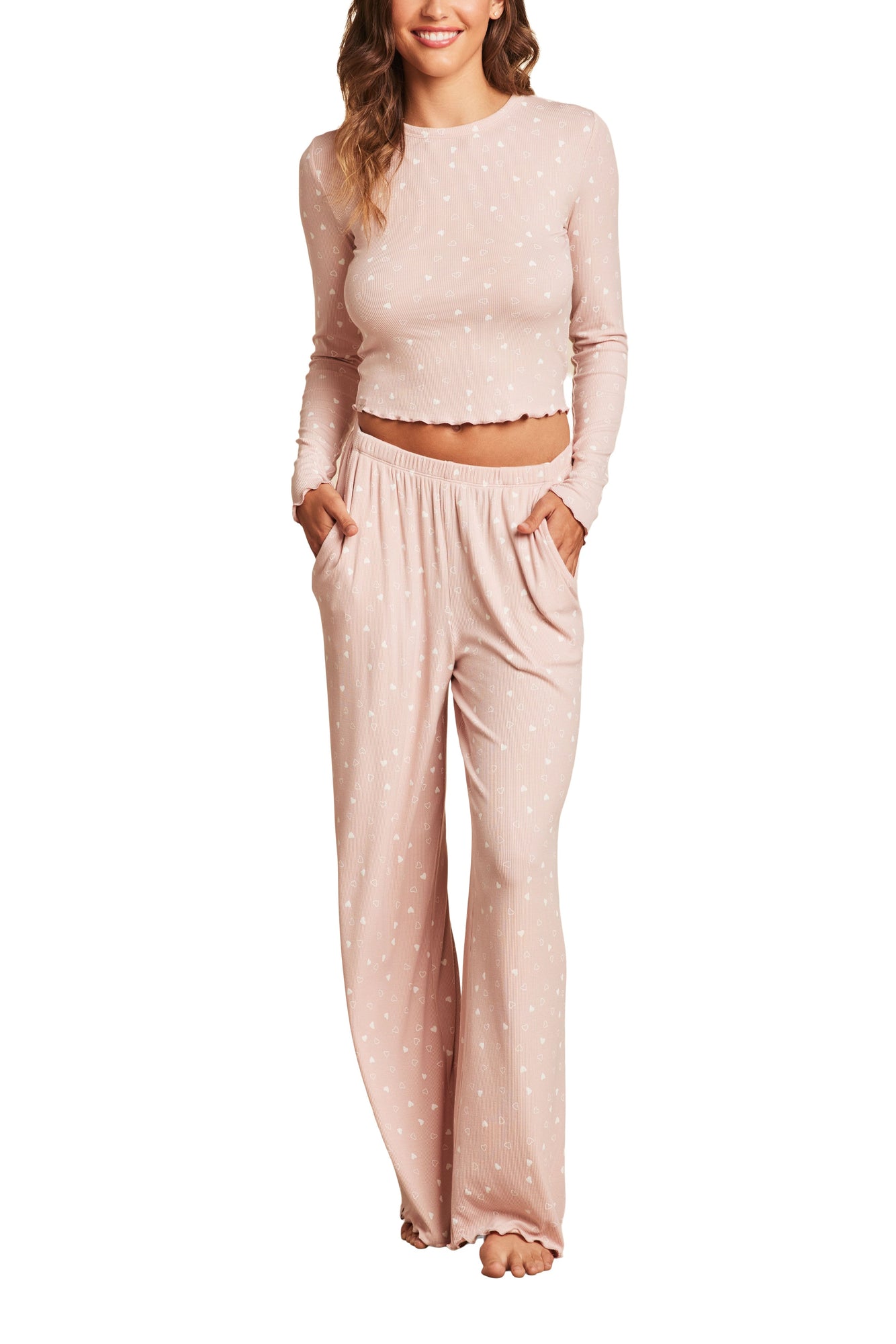 Womens | Ultra Soft Rib Lettuce Hem Wide Leg Pant | Dusty Rose/Pearl