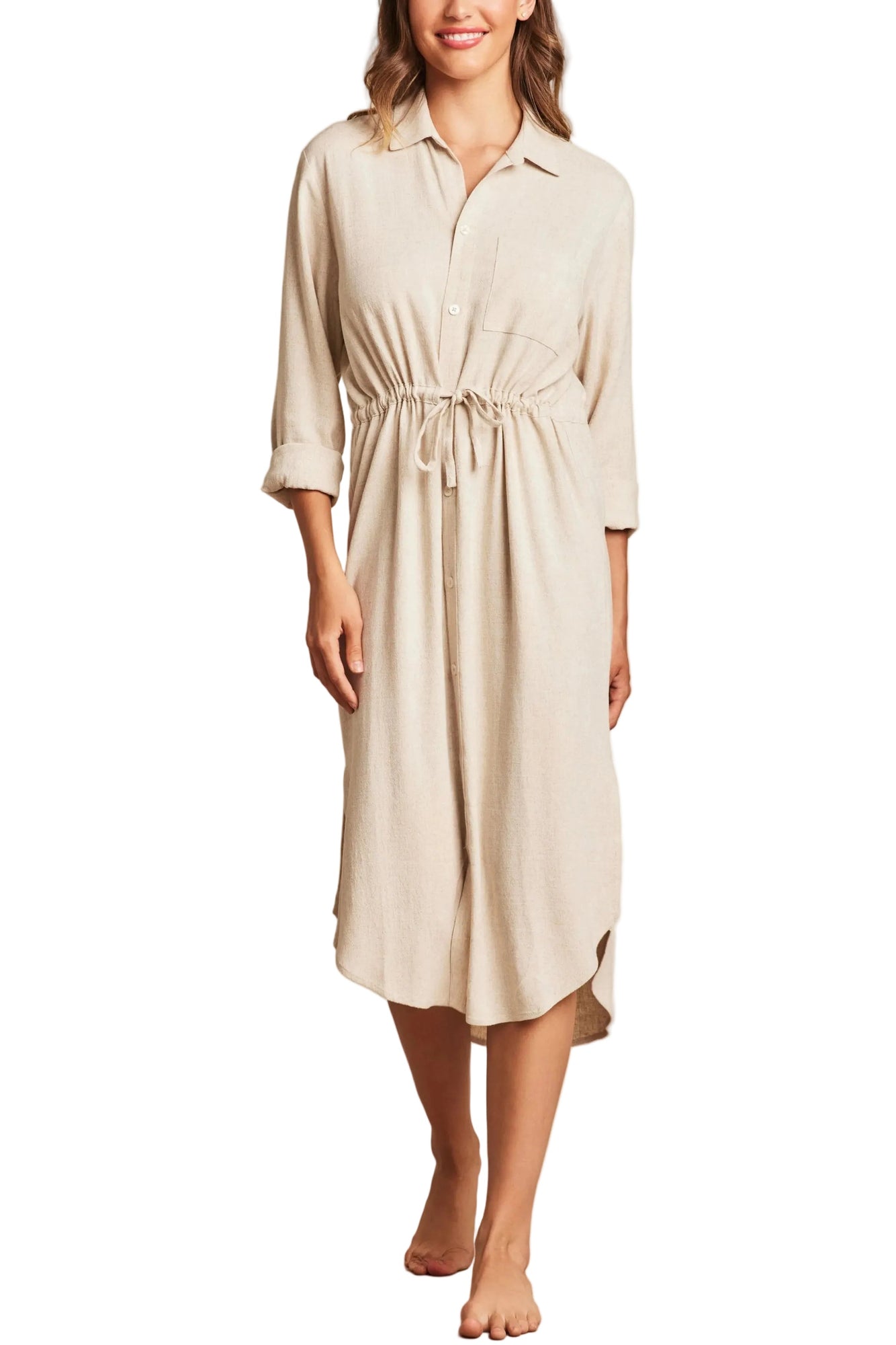 Womens | Linen Blend Cinched Shirtdress | Heather Bisque