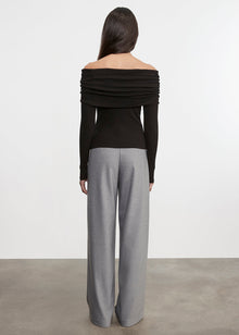 Silk Rib L/S Off-Shoulder Top | Black