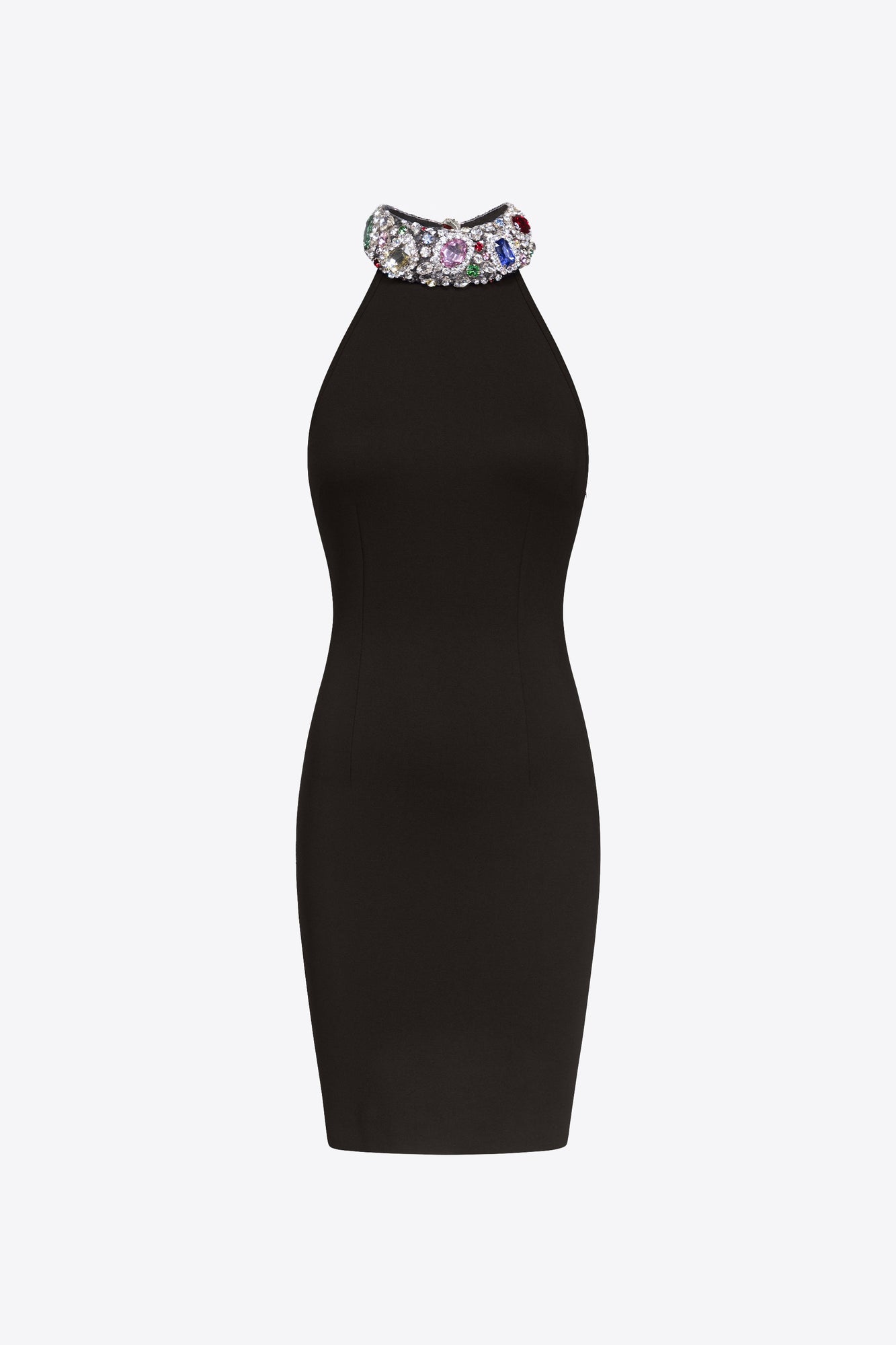 Crystal Gemstone Cluster Halter Mini Dress | Black