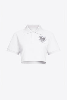 Crystal Heart Cutout Cropped Polo | White
