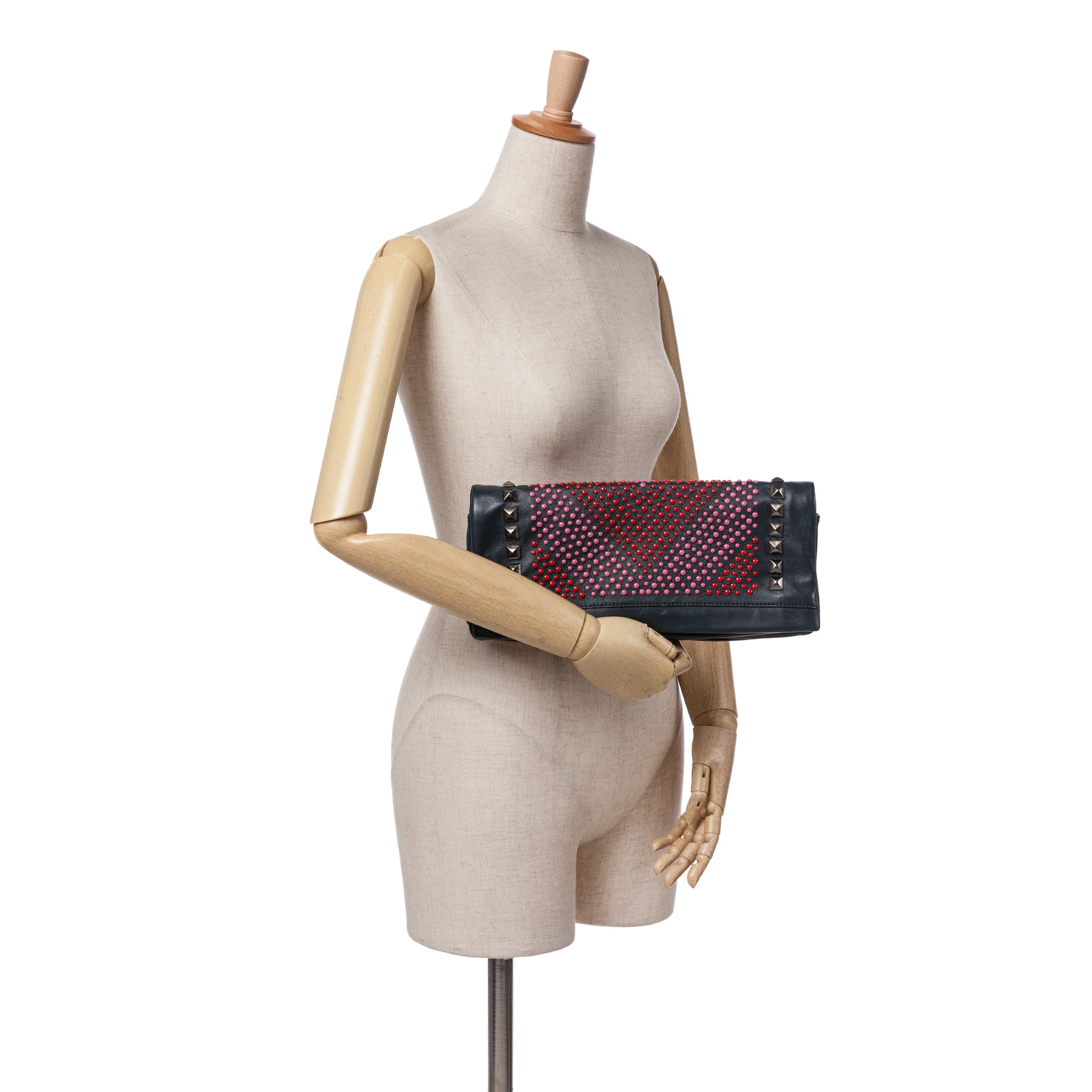 Balmain | Pre-Owned Leather Studded Foldover Clutch | Blue/NavyRed