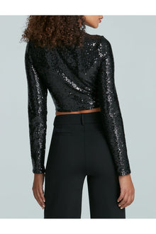 Sequin Long Sleeve Crewneck Crop Top | Black