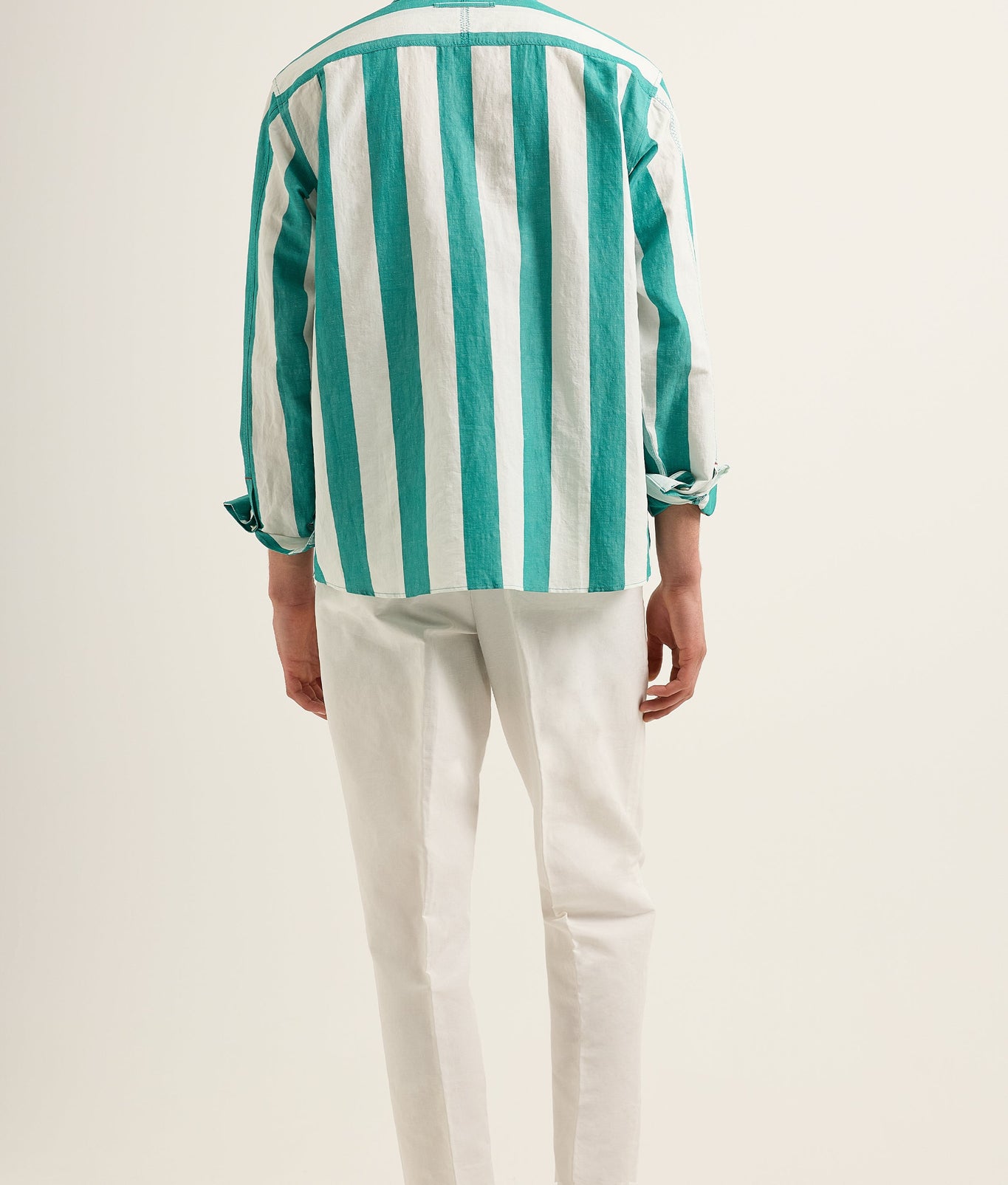 Shanklin Stripe Striped Overhead Open Collar Linen Shirt Green/White Sand | Green/White Sand