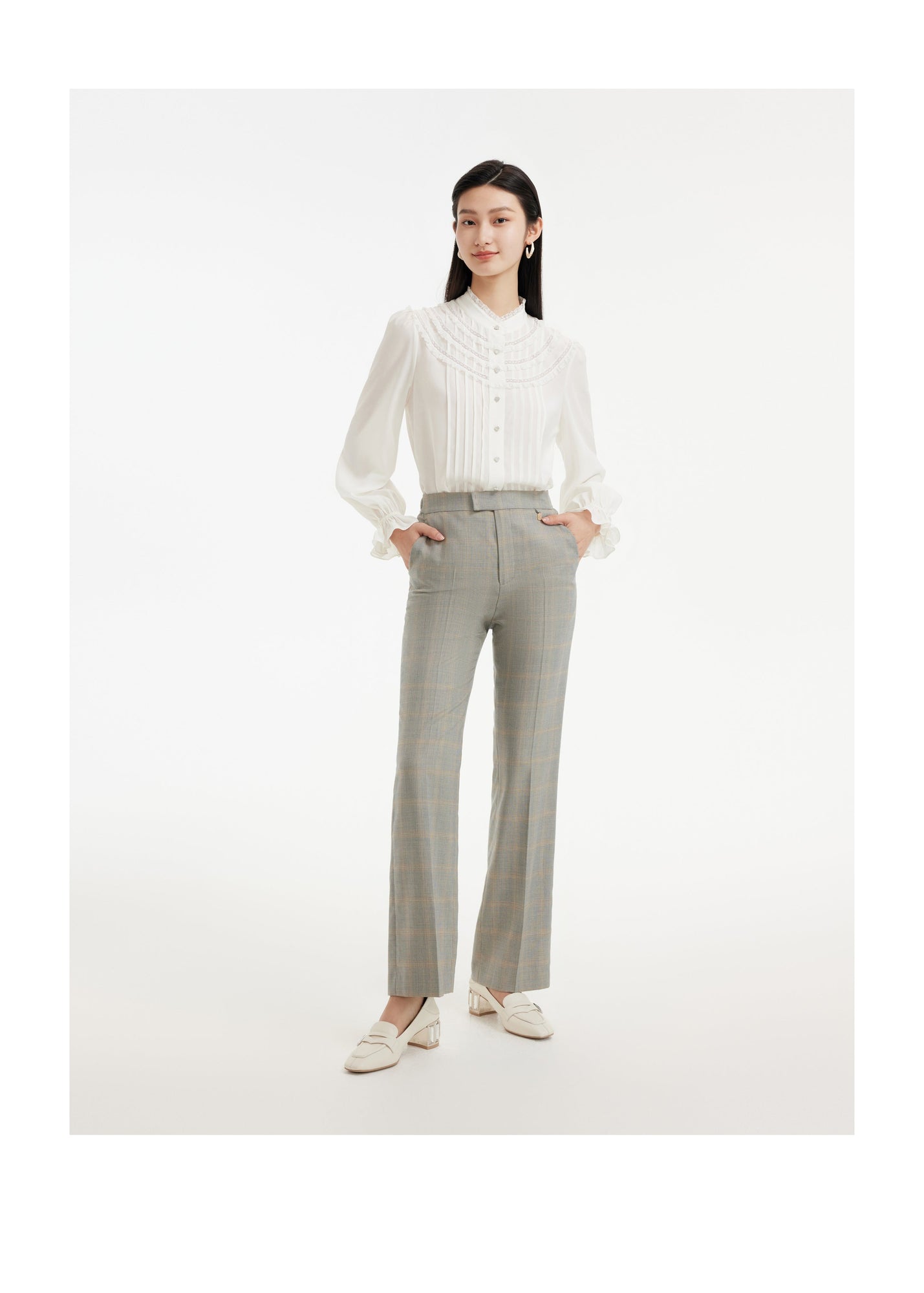 Silk Pleated Sleeve Shirt | White