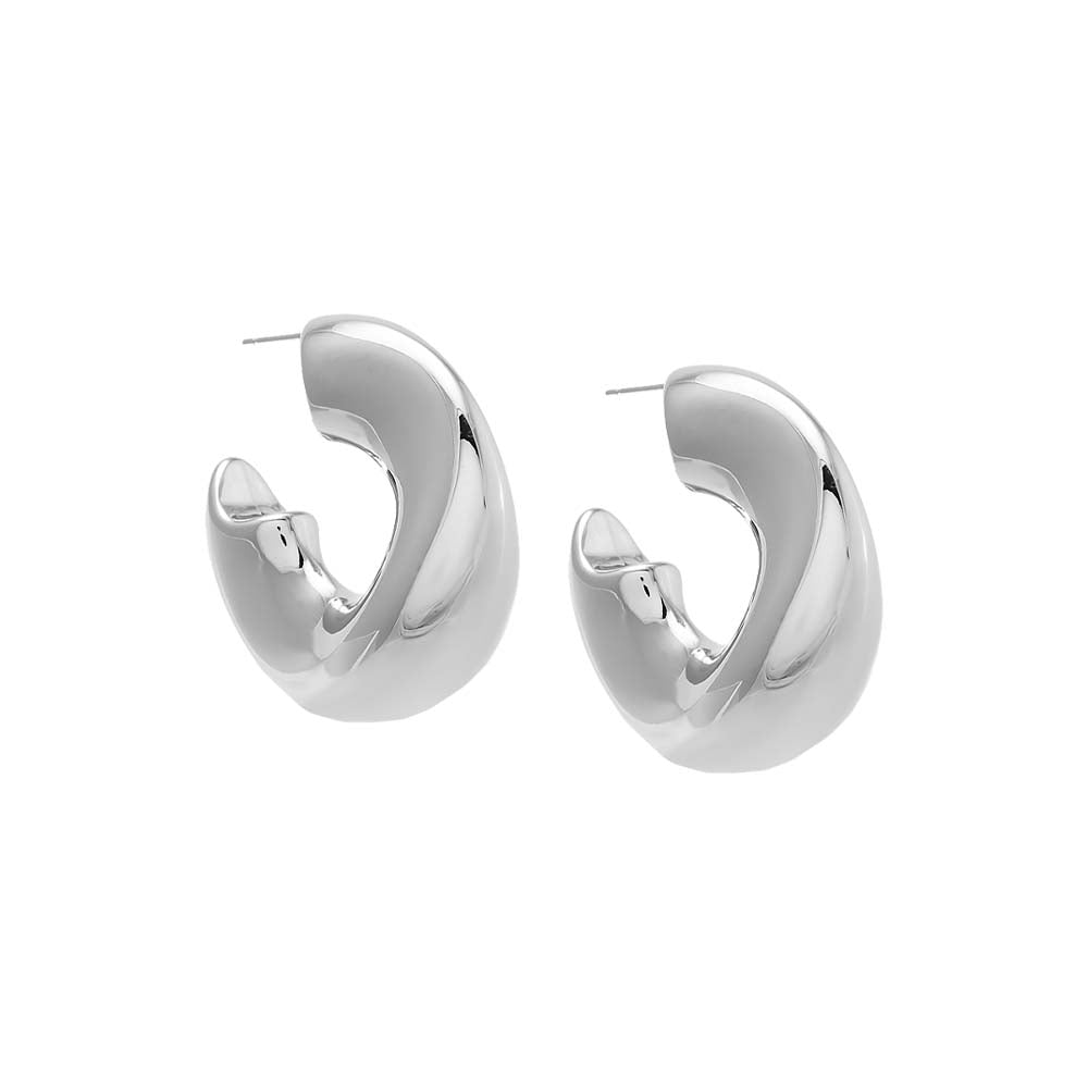 Silver Solid Wide Hollow Curved Hoop Earring - Adina's Jewels