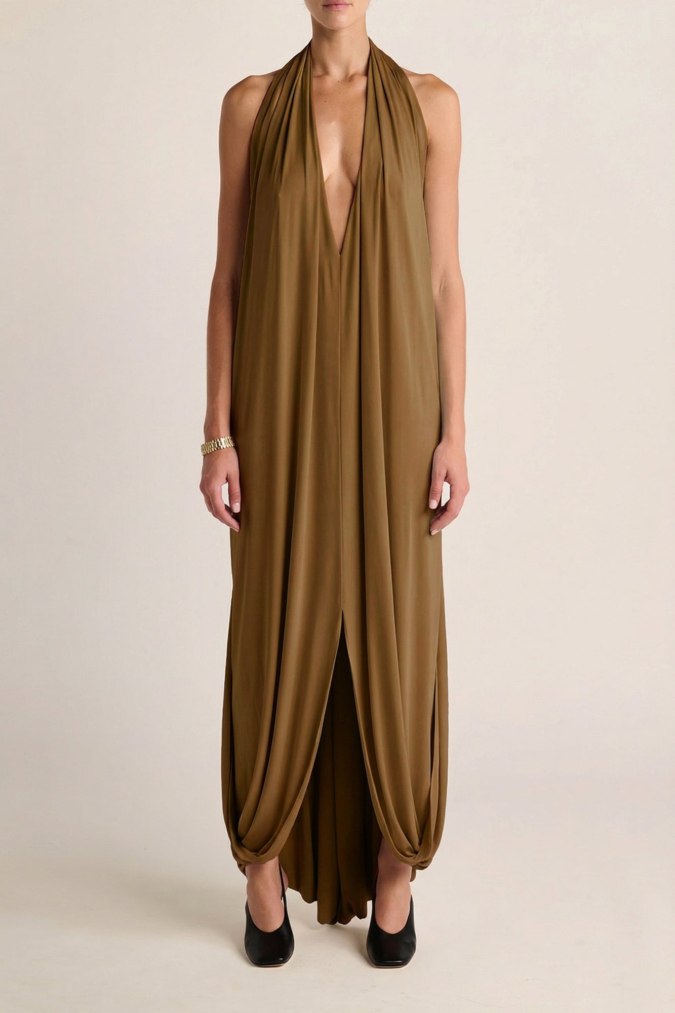 Solina Halter Dress | Olive Ochre