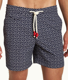 Standard Geometric Mid-Length Drawcord Swim Shorts | Midnight Navy