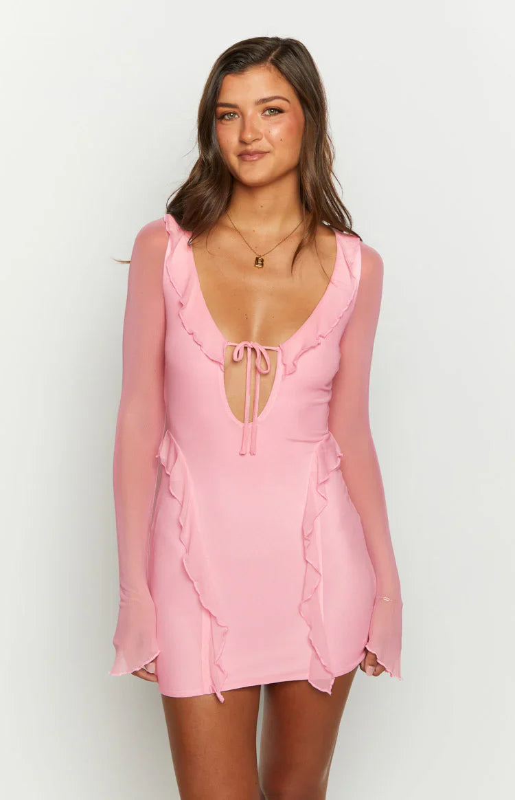 Surround Sound Mesh Long Sleeve Mini Dress | Pink
