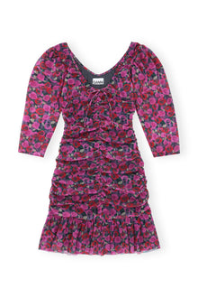 Printed Mesh Flounce Ruched Mini Dress | Fiji Flower