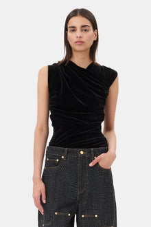 Velvet Jersey Ruched Crossover Blouse | Black