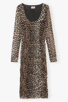 Printed Mesh U-neck Ruched Midi Dress | Leopard