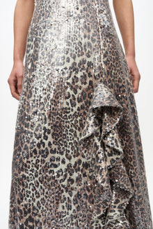 Printed Stretch Sequins Slit Long Dress | Leopard