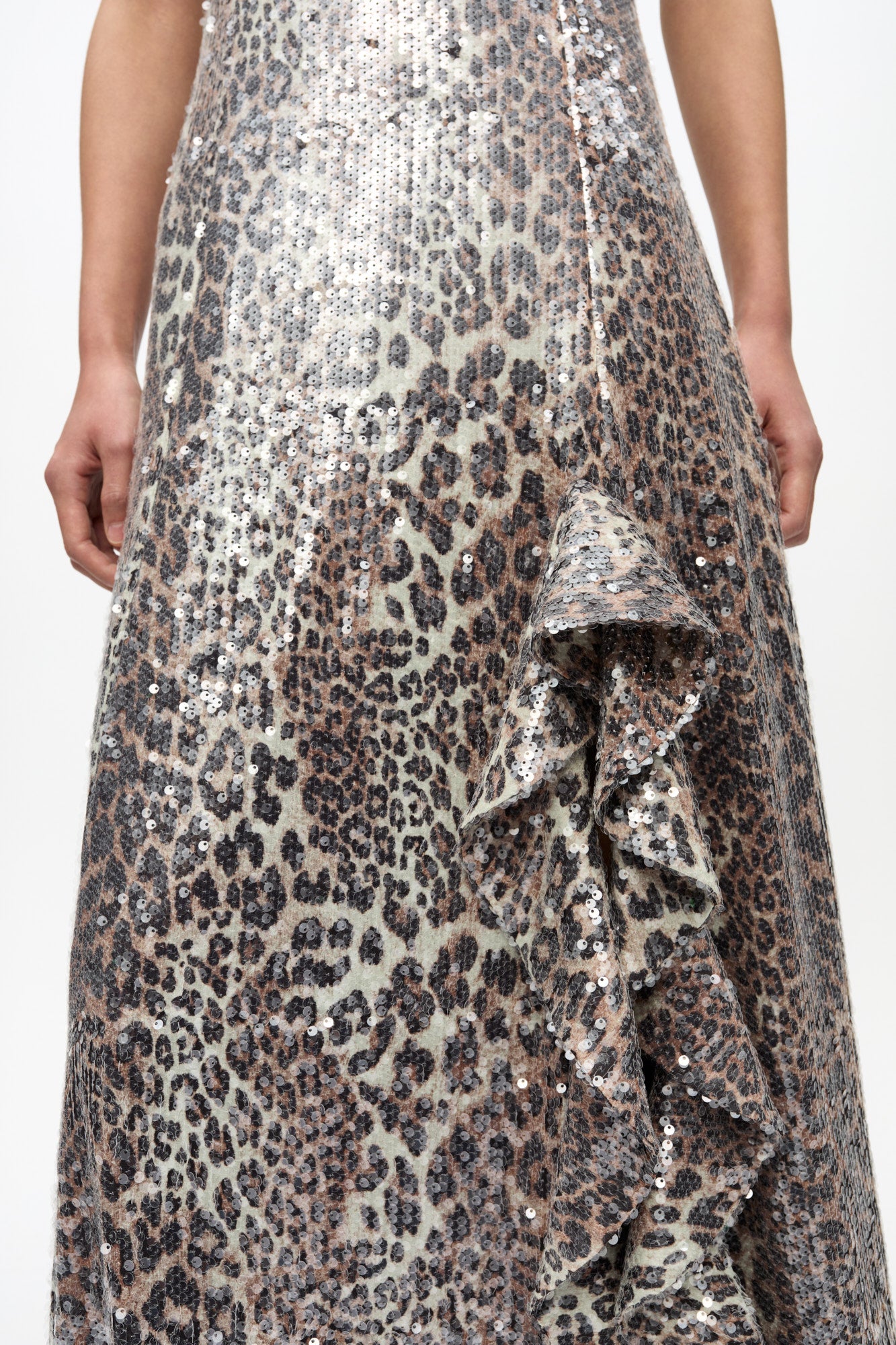 Printed Stretch Sequins Slit Long Dress | Leopard