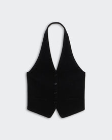Tailored Halter Vest - Black mid-weight fitted cashmere vest with front buttons and adjustable back strap buckle.