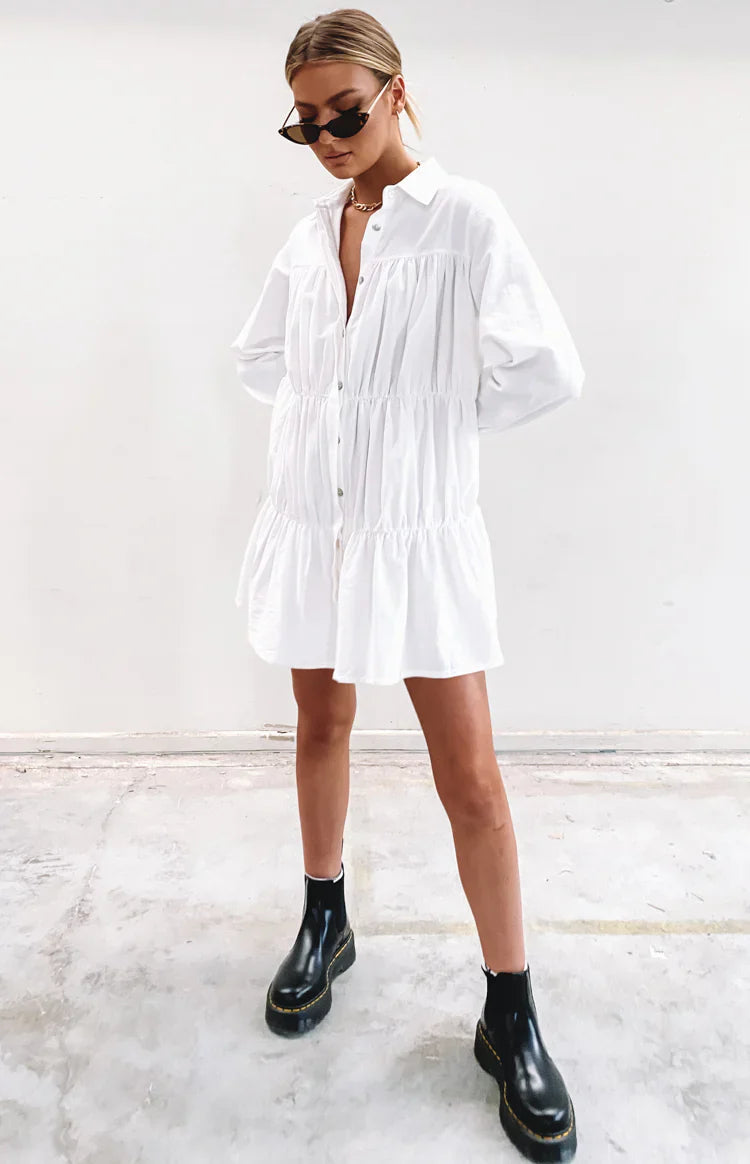 Theodossia Tiered Long Sleeve Dress | White
