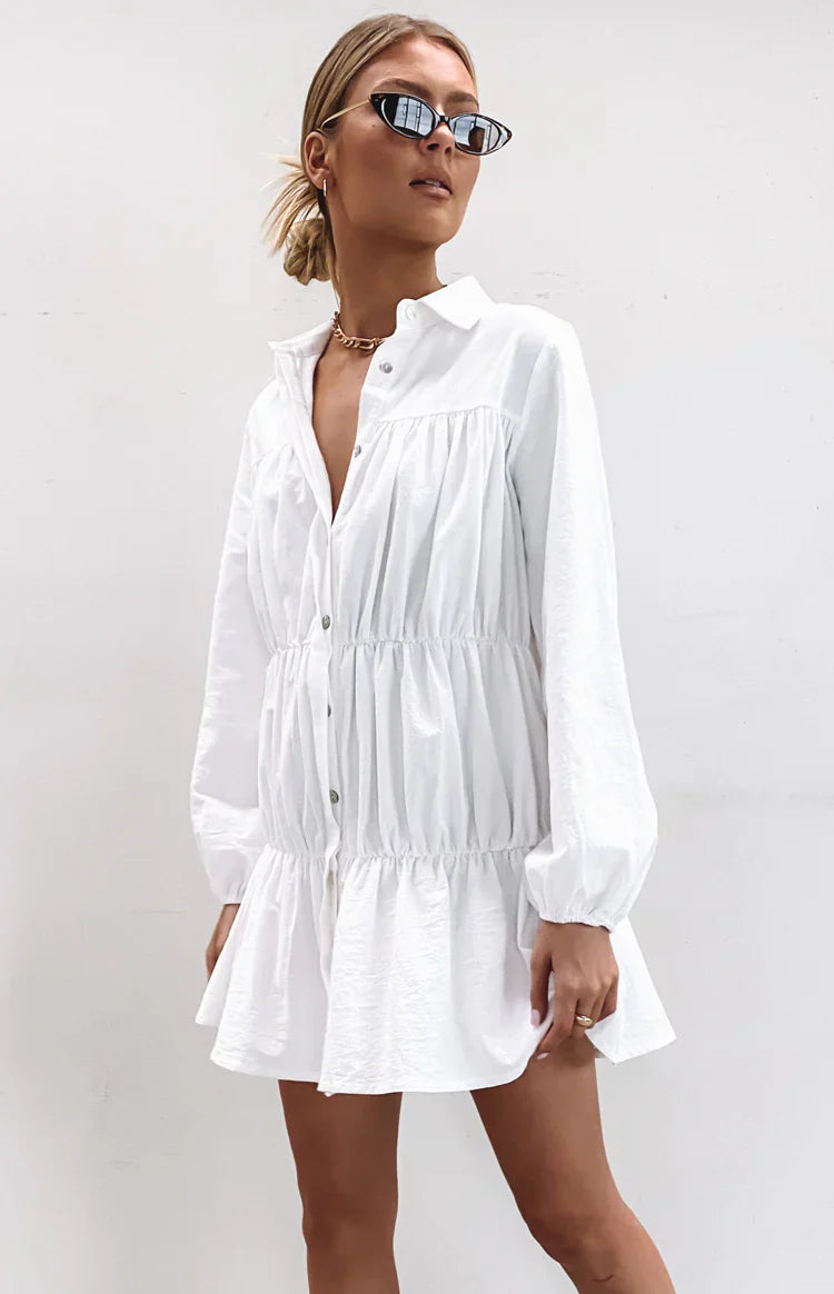 Theodossia Tiered Long Sleeve Dress | White