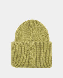 The Rudsak MURRAY - U423503 Light Olive beanie, a unisex ribbed knit with a folded brim, blends classic style and urban flair—an essential winter accessory shown against a plain white background.