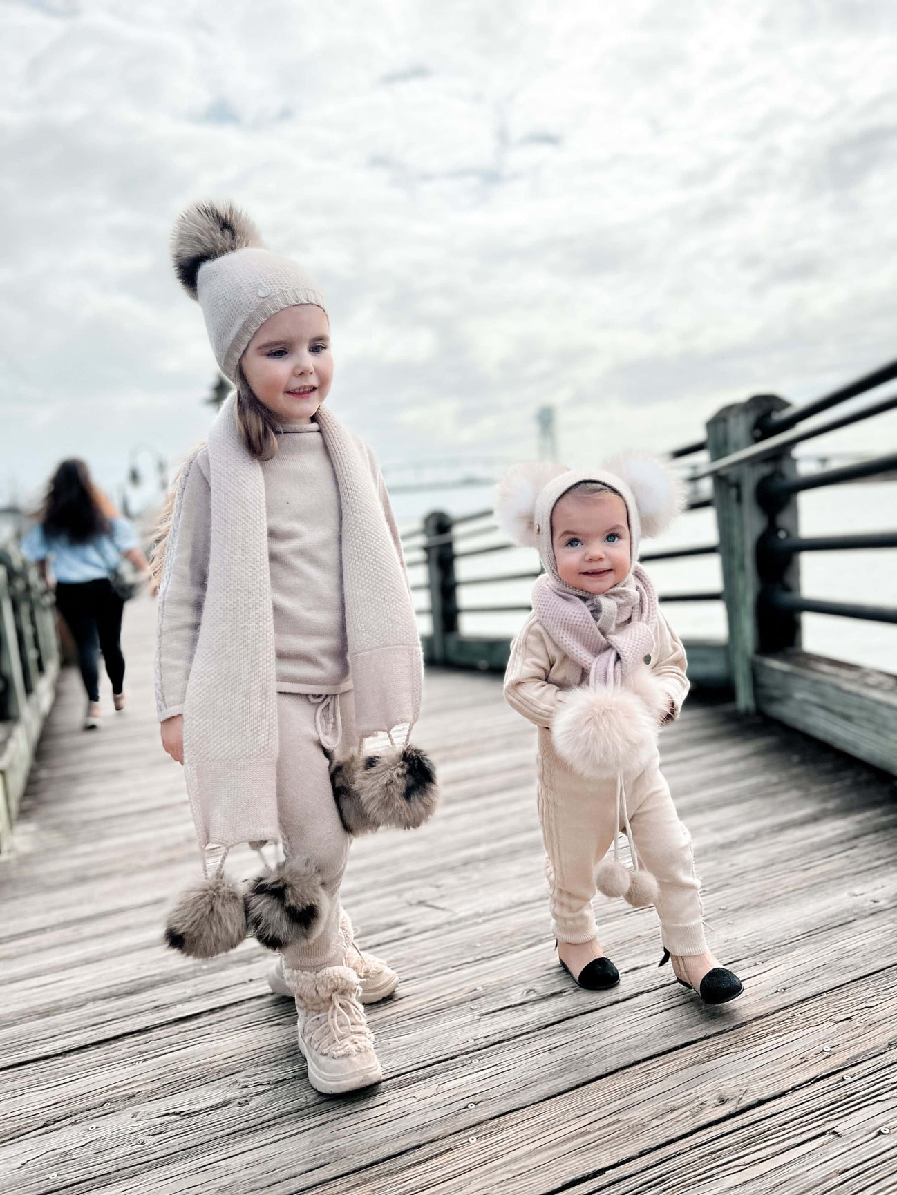 Unisex | Honeycomb Cashmere Beanie with Animal Print Poms | Beige