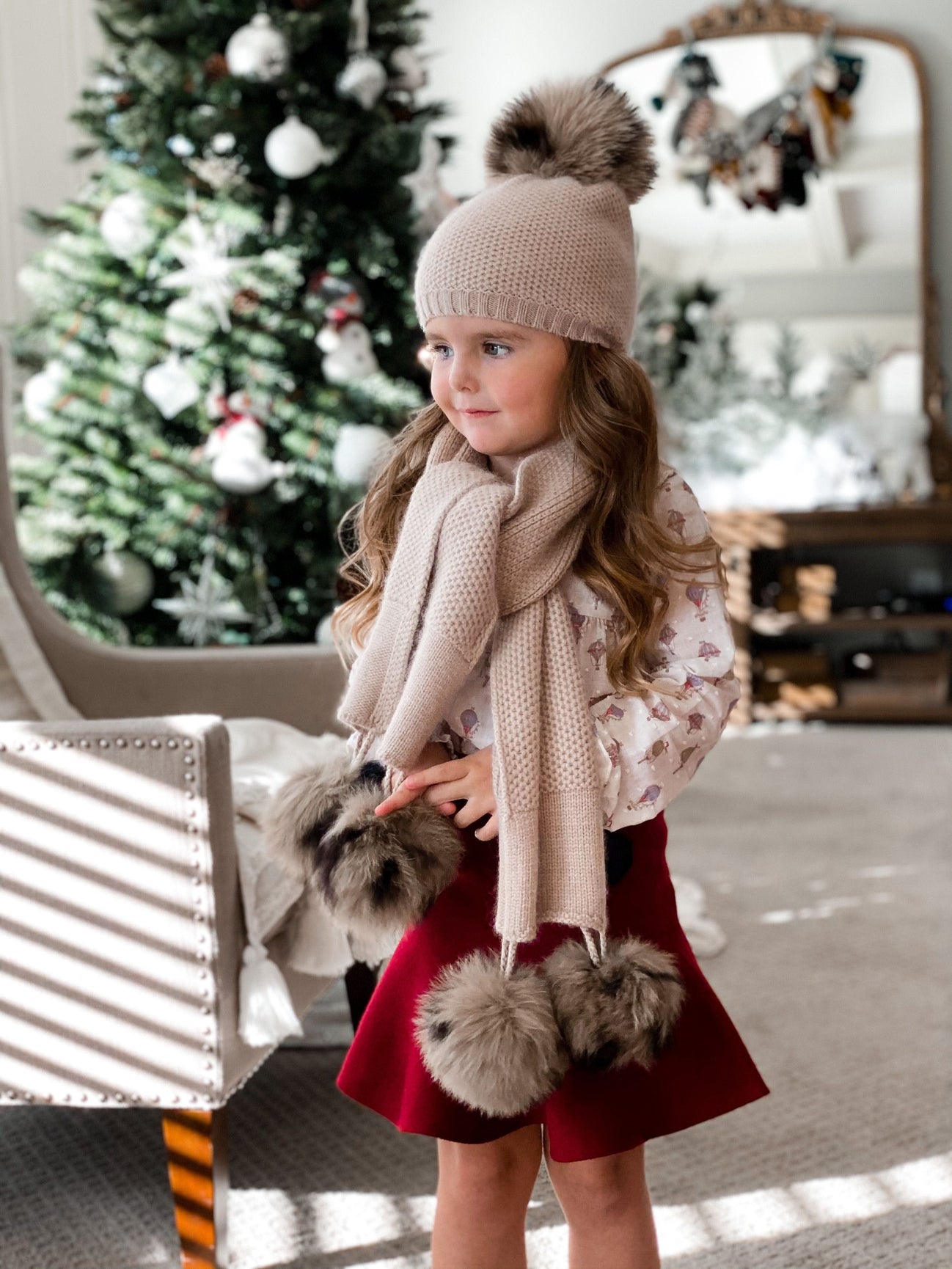 Unisex | Honeycomb Cashmere Beanie with Animal Print Poms | Beige